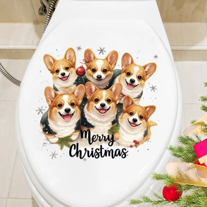 Christmas Corgi toilet lid sticker with Merry Christmas greeting for bathroom decor