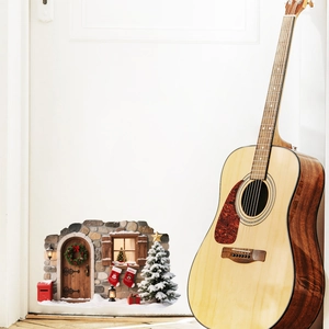 Detailed 3D Christmas wall sticker featuring a festive cottage with a wooden guitar