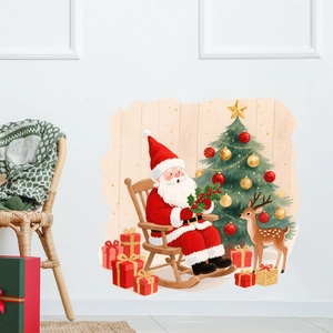 Adesivo murale natalizio con Babbo Natale, renna e albero per decorazione festiva del soggiorno