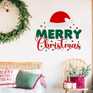 Festive Merry Christmas wall sticker with Santa hat for cozy living room decoration
