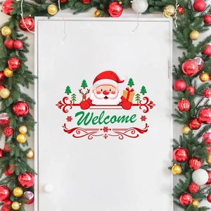 Christmas Santa Claus Welcome door sticker with reindeer and trees on white background