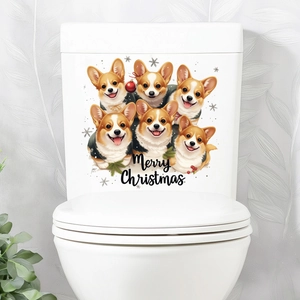 Christmas Corgi toilet lid sticker with Merry Christmas text for bathroom decoration