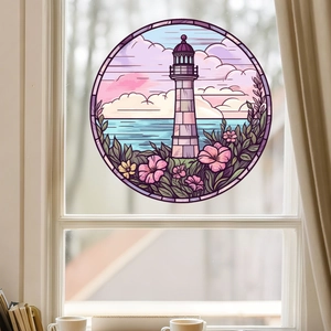Coastal lighthouse stained glass static cling window decal for home glass decoration