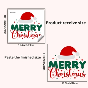 Detail view showing Merry Christmas wall sticker dimensions with red Santa hat and stars
