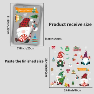 Size chart for 4-sheet Christmas window sticker set with Santa and snowflake designs