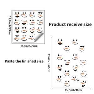 Detailed dimensions for snowman face decals showing sheet size and final wall coverage