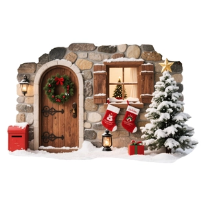Detailed Christmas wall sticker with festive wreaths, snow-capped trees, and red mailboxes