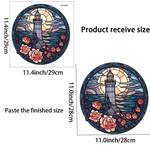 Detailed dimension guide for stained glass style lighthouse wall decal with floral motifs