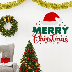 Merry Christmas wall stickers with Santa hat and stars for festive living room decoration