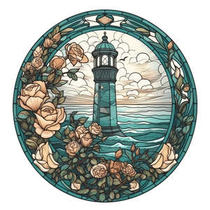 Round stained glass window decal with lighthouse, waves, and roses for glass decoration