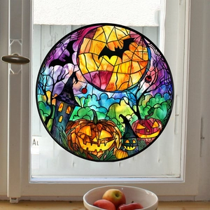 Dettaglio dell'adesivo per finestra di Halloween stile vetro colorato con zucca e pipistrelli