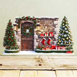 Festive Christmas wall sticker with miniature door, decorated trees, and gift boxes decor