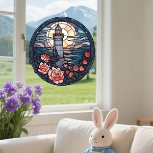 Detailed view of a round lighthouse and rose stained glass window sticker for home decor