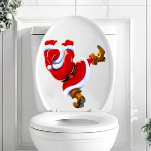 Funny upside down Santa Claus sticker on a white toilet lid for Christmas bathroom decor