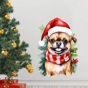 Adesivo murale con bulldog ad acquerello, cappello di Babbo Natale e sciarpa festiva