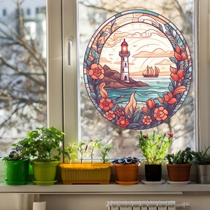 Coastal lighthouse stained glass window sticker with sailboat and floral design