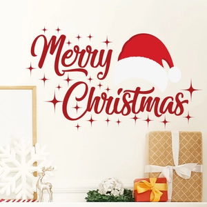 Christmas wall stickers with red Merry Christmas lettering and Santa hat on white wall