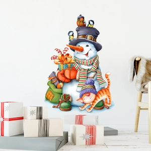 Festlicher Weihnachts-Schneemann Wandsticker mit Katze und Geschenken für Deko