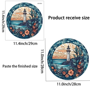 Detail showing stained glass lighthouse wall sticker dimensions and finished size layout