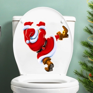 Funny cartoon Santa Claus decal applied on a white toilet lid for Christmas decor