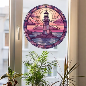 Detailed view of a round lighthouse stained glass static window film for home decoration