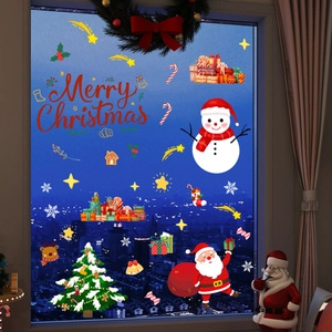 Christmas window stickers set with Santa Claus, Snowman and Merry Christmas text on glass