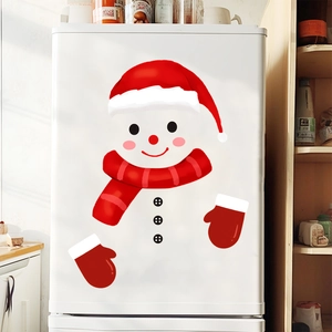 Detail showing cartoon snowman fridge stickers with red hat and striped scarf decoration