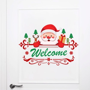Christmas Santa Claus Welcome door sticker with reindeer and trees for home decor