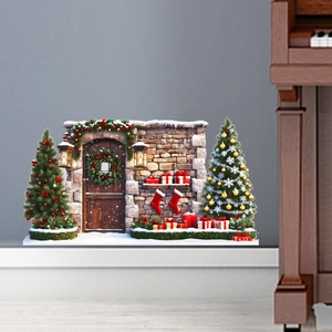 Christmas wall decal scene with festive door, wreaths, holiday trees and red gift boxes