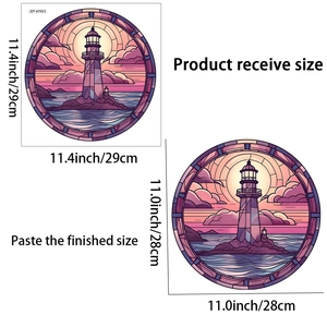 Graphic showing 29x29cm received size and 28x28cm finished coastal lighthouse window sticker