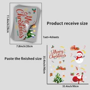 Detail showing 4 sheets of 3D Christmas window stickers and finished DIY layout size