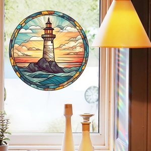Detail showing round lighthouse stained glass window sticker with warm sunset and ocean waves