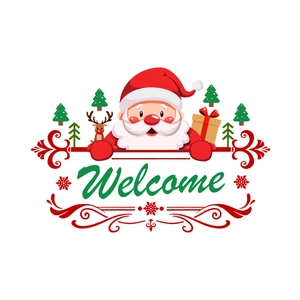 Cartoon Santa Claus Welcome door sticker with Christmas trees and reindeer decor