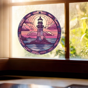 Detail of round stained glass window film showing a lighthouse with sunset light effect