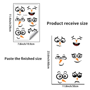 Detailed sheet of cartoon snowman face wall stickers with 29x19.9cm layout dimensions