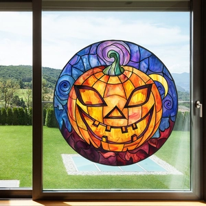 Adesivo per finestre a forma di zucca di Halloween in stile vetro colorato con viso