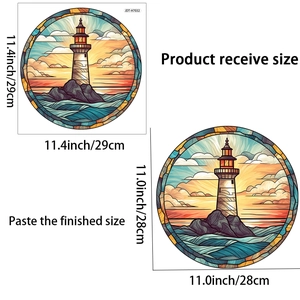 Detailed size chart for stained glass style lighthouse wall sticker in 29cm and 28cm options