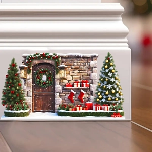 Miniature Christmas door wall sticker with snowy tree and gift boxes on baseboard