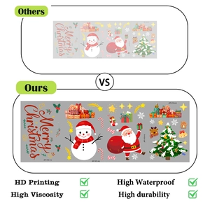 Detail showing HD printing and vivid colors of Santa and Snowman PVC window stickers