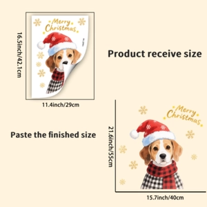 Dettaglio dell'adesivo murale Beagle di Natale con dimensioni del prodotto e del risultato