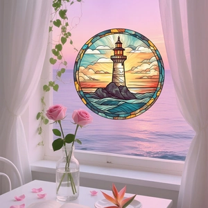 Detailed close-up of a circular lighthouse stained glass window sticker with ocean wave art