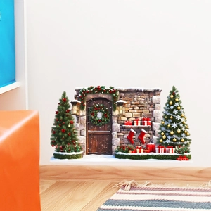 Detail of 3D Christmas wall sticker featuring a festive door, tree and gift box scene