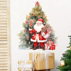 Dettaglio degli adesivi murali Babbo Natale acquerello e albero in un interno accogliente