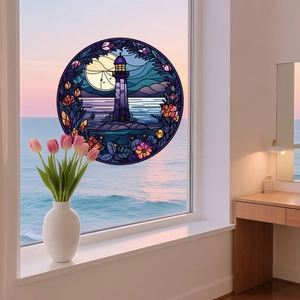 Close-up of a circular stained glass lighthouse window sticker with floral accents