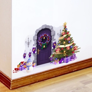 Detailed Christmas wall decals with 3D purple arch, snowman and tree on white wall