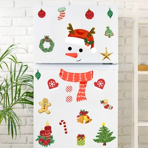 Cartoon snowman fridge stickers with Christmas tree and gingerbread man on white doors