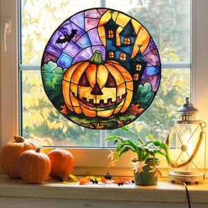 Adesivo per finestre Halloween stile vetrata con zucca, pipistrello e castello