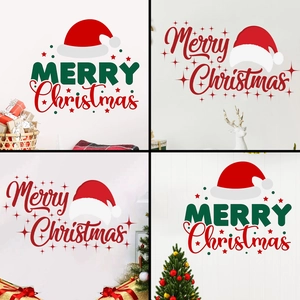 Merry Christmas Wall Stickers Red Christmas Hat Art Lettering PVC Waterproof Decal For Holiday Window Living Room Wall Decor