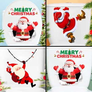 Christmas Santa Claus Toilet Sticker 3D Merry Christmas Wall Decal Waterproof PVC Bathroom Home Decoration Self Adhesive Festive Ornament