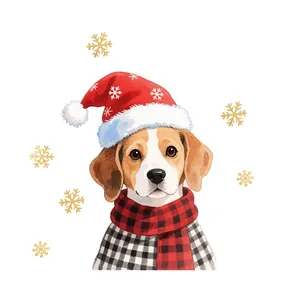 Adesivo murale natalizio con cane Beagle ad acquerello, cappello rosso e sciarpa scozzese